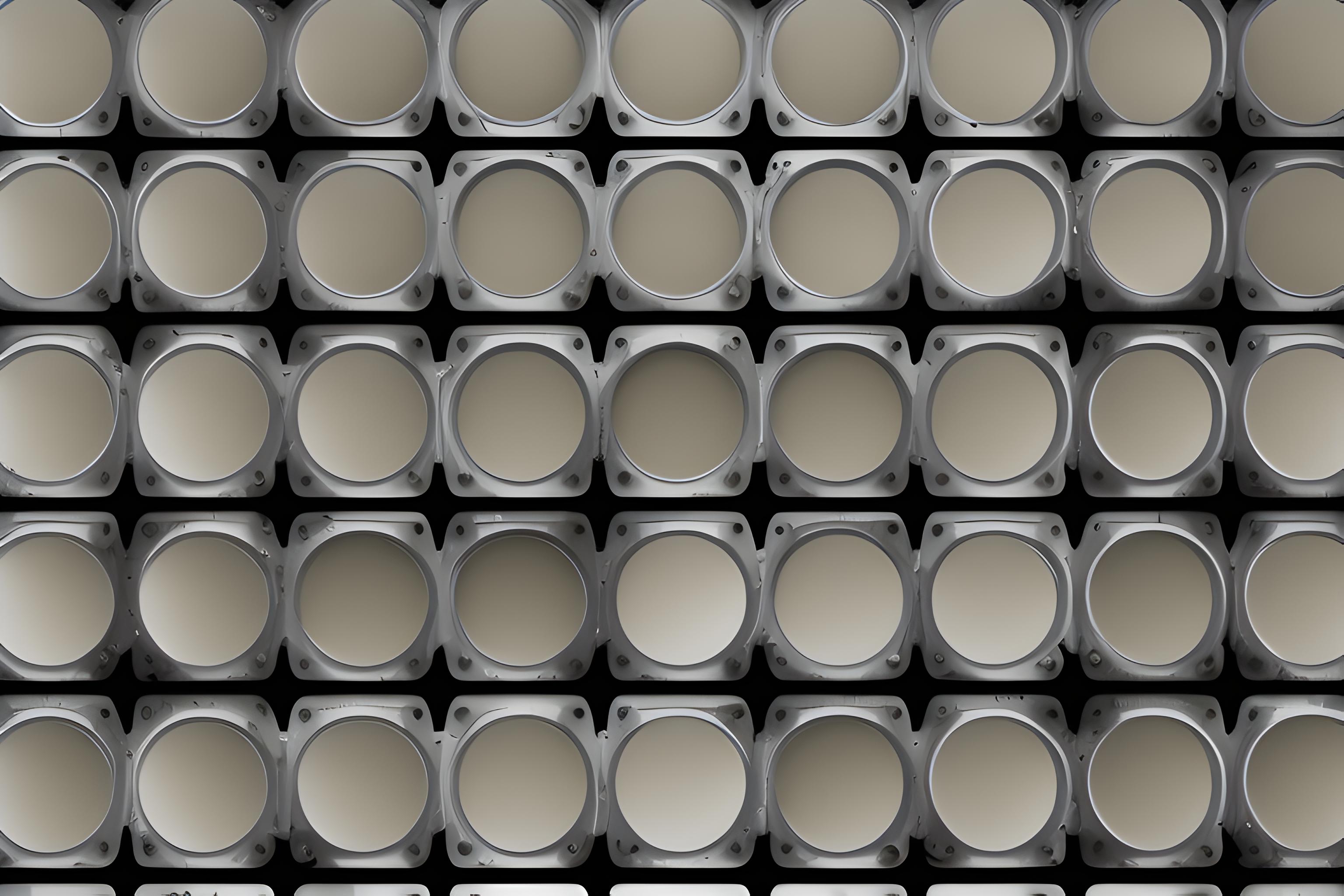 Dilapidated modern overgrown concrete wall in the background with a repeating pattern in its texture, taking up the whole frame. The wall is lit by randomly placed outdoor floucescent lights with a warm color, fastened to the wall with bolts. In front of the wall are layers of monochrome tinted rectangular glass of various sizes. The glass is suspended by thin minimalist steel rods and fasteners, from all directions. Nothing is blurry.